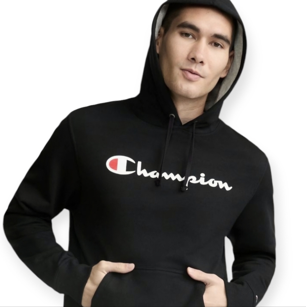 Champion Mens Black Powerblend Script Hoodie C Logo L